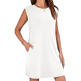 Wenrine Womens Summer Mini Dress Casual Loose Sleeveless Crewneck Slit Basic T Shirt Dresses with Pockets White