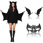 Janmercy 3 Pcs Halloween Bat Costume for Women Gilrs Black Bat Wings Poncho Lace Masquerade Mask Scary Costume for Women