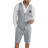 HUEZOE Mens Linen Suit 2 Piece Short Suits for Men Casual Summer Beach Groom Wedding Suit Linen Vest Shorts Set