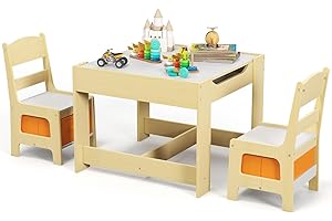 Costzon Kids Table and Chair Set, 3 in 1 Wooden Activity Table with Storage Drawer, Detachable Tabletop for Children Drawing 