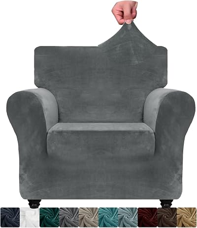 XINEAGE Velvet Chair Slipcover 1 Seater Grey Anti Slip Pets Friendly High