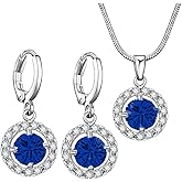 Rockyu Women's Luxurious Blue Zirconia Necklace and Hoop Earrings Set Stainless Steel Round Shape Fashion Jewelry