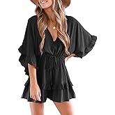 Valphsio Womens V Neck Beach Romper Ruffle Layered Drawstring Waisted Shorts Jumpsuit