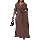 Nmoder Plus Size Maxi Dress for Women - Summer Casual 3/4 Sleeve Floral Flowy Long Dress with Belt XL- 6XL