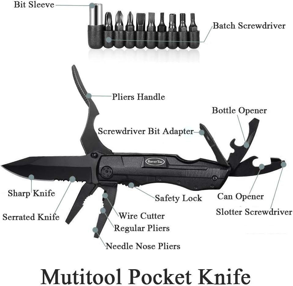 RoverTac Pocket Knife Folding Multitool Knife for Camping Fishing Hiking Outdoor Multi Tool with Pliers Screwdrivers Bottle Opener Safety Lock Durable Sheath Unique Gifts for men women - - 