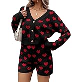Mxiqqpltky 2 Piece Sweater Sets for Women Y2K Heart Button Down Long Sleeve Cropped Knit Top + Shorts Valentine's Day Outfits