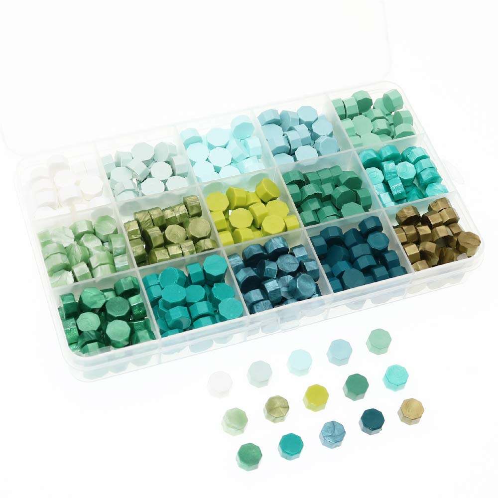 BITEYI Sealing Wax Beads,Octagon Sealing Wax Beads for Wax Stamp Sealing Letter and Vintage Wedding Invitation Decorative,15 Colors,375 pcs (Green)