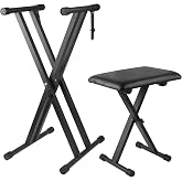 Bazayona Keyboard Stand Piano Bench Set, Double X Adjustable Keyboard Stand Piano Stand with Lockable Straps, (Piano Keyboard Stand x 1, Piano Bench x 1), (7 Adjustable Heights), Black