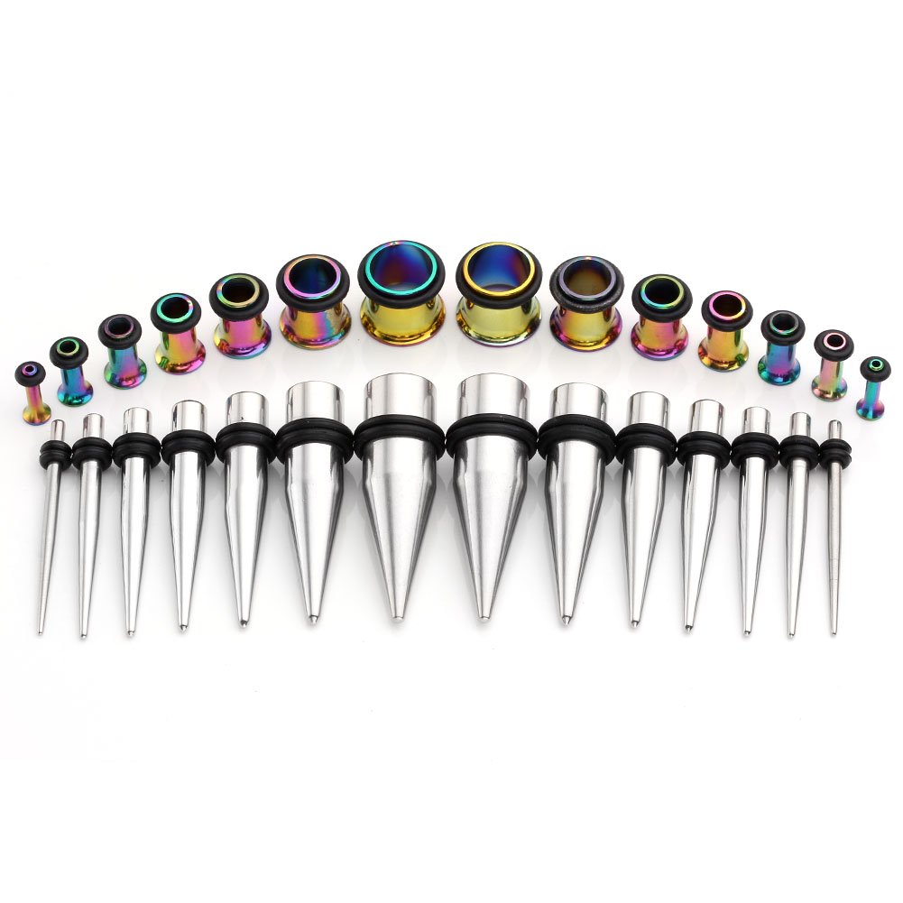 PiercingJ 28pcs 12G-00G Surgical Stainless Steel Tapers Stretching Kit + 12g-00G Single Flared Ear Tunnel Stretcher Set