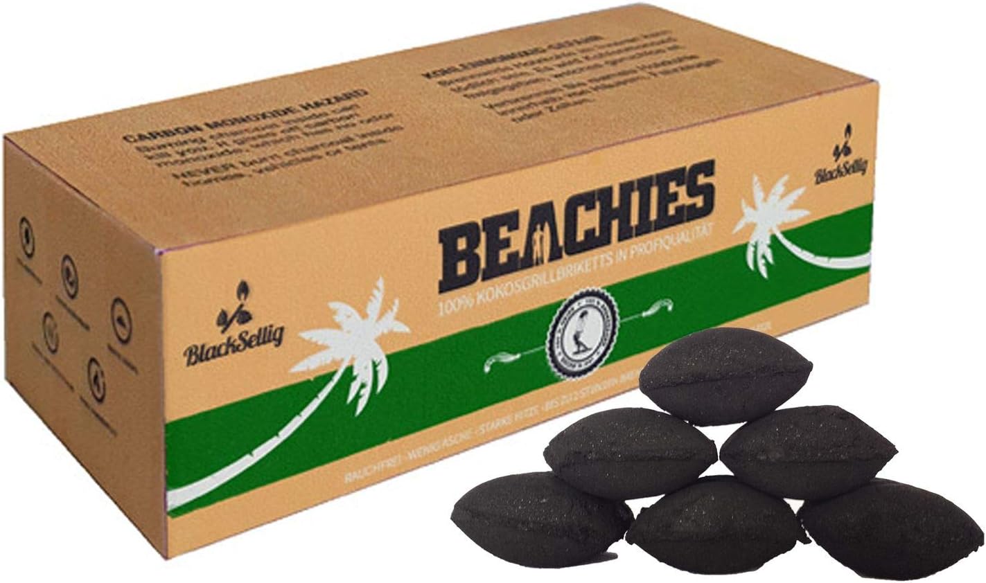 BlackSellig 10 Kg Beachies Kokos Grill Briketts Reine Kokosnussschalen Grillkohle - perfekte Profiqualität - für den Short Job