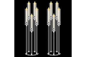 2 Set 5 Arm Acrylic Candle Holder, Mjkeomo 34.6'' Tall Candelabra Centerpieces for Tables Clear Candlesticks Holder with Lampshade for Housewarming Gift Fireplace Dinner Decor Fit 0.87'' LED Candle