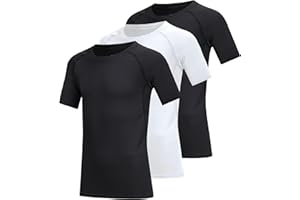 Geanrastn 3 Pack Boys Compression Shirt Short Sleeve Youth Athletic Undershirt Kids Quick Dry Athletic Base Layer T-Shirt