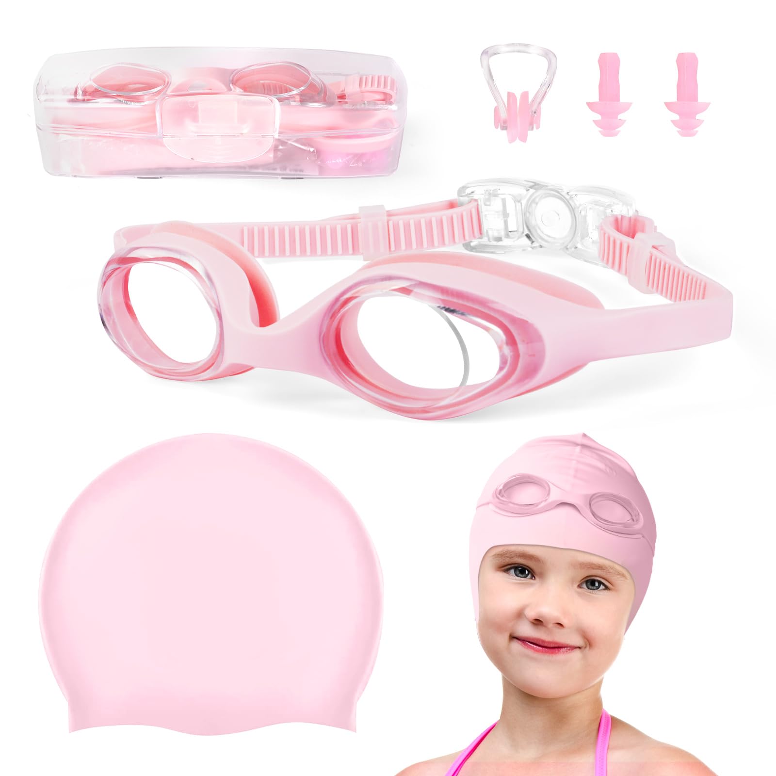 Flintronic Pink Swimming Goggles, Anti Fog+UV Protection, No Leaking Soft Silicone Nose Bridge Goggles with Swimming Cap for Kids, Girls and Boys