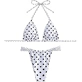 Falainetee Women's Cute Polka Dots Print Bathing Suit Halter High Waist Swimsuit Bikini Set
