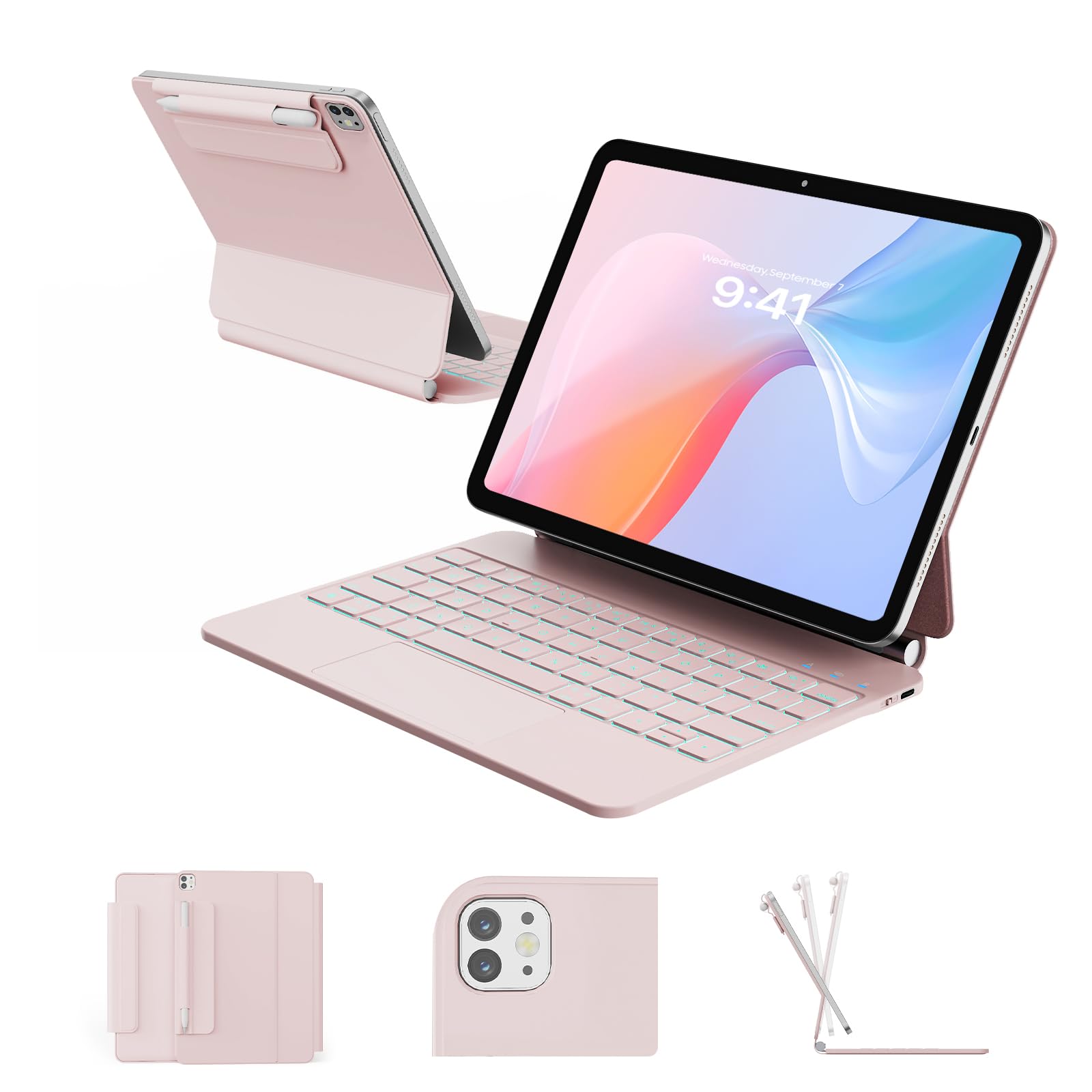 Photo 1 of RAYMCRAFT for iPad Air 11-inch (M3 2025 / M2 2024) & iPad Pro 11 inch(1st/2nd/3rd/4th Gen), Magic Keyboard for Air 4/5 10.9", Springy Backlit Keys, Stain-Resistant Surface, Multi-Touch Trackpad, Pink