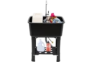 YUNLAIGOTOP Utility Sink Laundry Tub, Indoor Outdoor Utility Sink with 360° Rotating Faucet, Hoses and Drain Kit, Freestanding Utility Sink for Laundry Room, Garage, Garden
