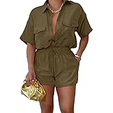 Euulin 2 Piece Outfits for Women Button Down Lightweight Short Sleeve Shirts Loungewear Summer Shorts Sets With Pockets