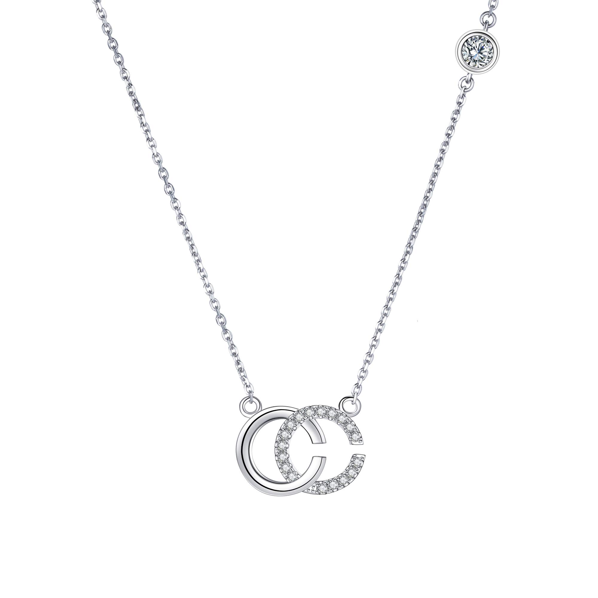 Women 925 Sterling Silver Necklace Double C Initial Letter Pendant Necklace with 3A Cubic Zirconia, Adjustable 40+5cm