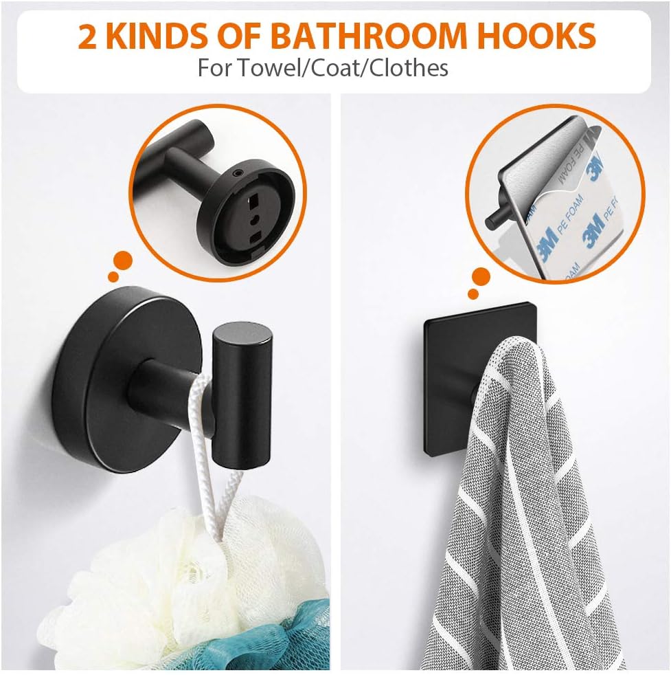 Tudoccy 5-Pieces Matte Black Bathroom Hardware Set SUS304 Stainless Steel Round Wall Mounted - Includes 16" Hand Towel Bar, Toilet Paper Holder, 3 Robe Towel Hooks,Bathroom Accessories Kit: Home & Kitchen