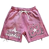 GORGLITTER Men's Letter Graphic Track Shorts Y2K Straight Leg Basketball Drawstring Acid Wash Shorts
