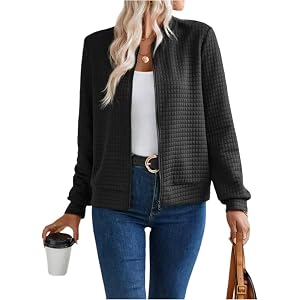 Lightweight Bomber Jacket Women Cropped Waffle Knit Zip Up Fall Coats | Quilted, Long Sleeve, Zipper, Cropped, Fall, Holiday,