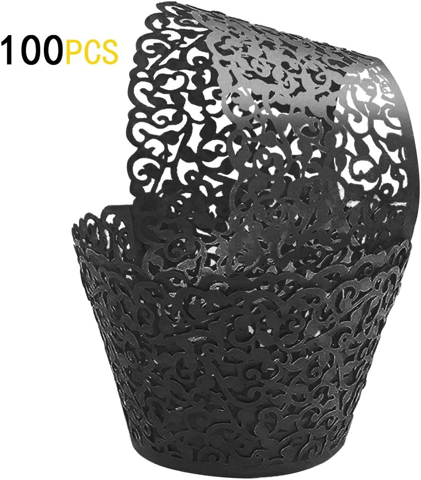 GOLF 100Pcs Cupcake Wrappers Artistic Bake Cake Paper Filigree Little Vine Lace Laser Cut Liner Baking Cup Wraps Muffin CaseTrays for Wedding Party Birthday Decoration (Black)