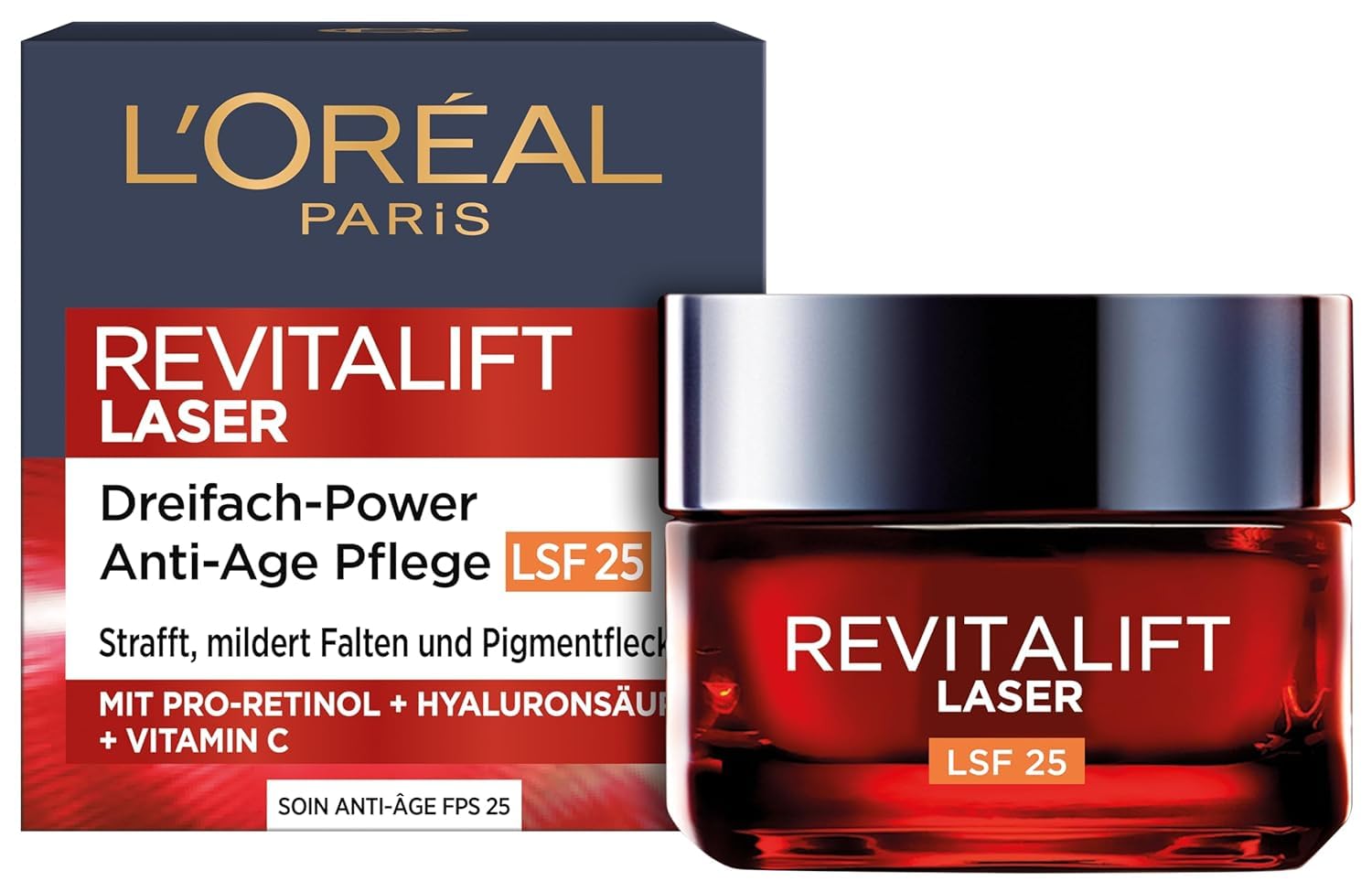 L'Oréal Paris Anti-Ageing Day Cream SPF 25 with Triple Power for Women: Reduces Wrinkles & Tightens the Skin, with Pro-Retinol, Hyaluronic Acid and Vitamin C, RevitaLift Laser, 1 x 50 ml
