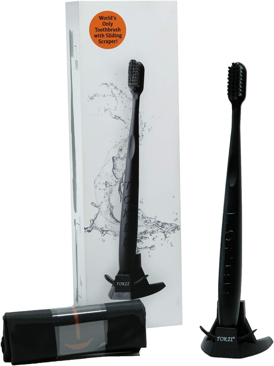 TOKII: World's only Patented Toothbrush with Soft Bamboo Charcoal Bristles and Sliding Tongue Scraper Cleaner reduces Bad Breath with Travel Pouch