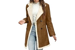 Womens Warm Winter Coat Lapel Collar Fleece Lined Suede Jackets Trendy Double Breasted Sherpa Coats for Outdoor Work