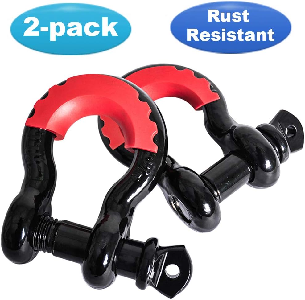 APEAK 3/4" Steel Bow Shackle (2 PACK) with RED ISOLATOR Black Powder Coated - WLL 4.75 Tons (9500 Lbs) D-ring Shackle for Jeep Vehicle & Trucks Recovery off Road - Tow Strap Hooks