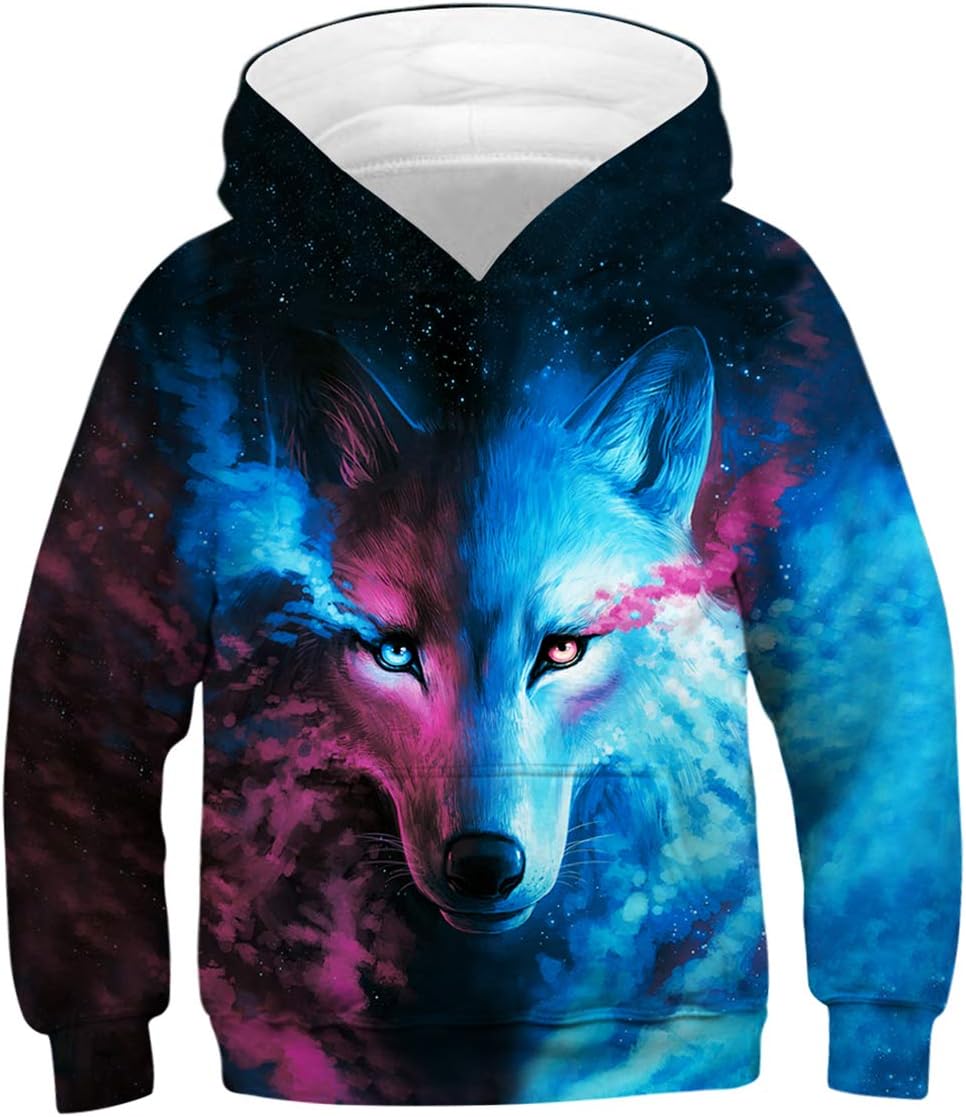 ENLACHIC Kids Wolf Hoodie Boys Teens Girls 3D Animal Galaxy Print Sweatshirt Pullover