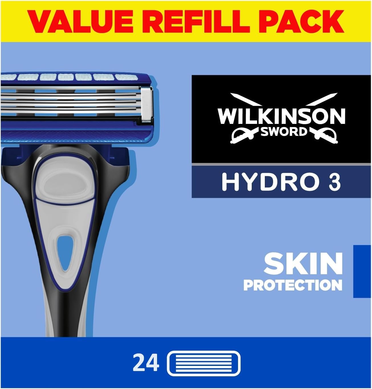 WILKINSON SWORD - Hydro 3 Razor Blades For Men | Pack of 24 Razor Blade Refills | Hydrating Gel & Precision Trimmer