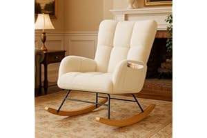 COMHOMA Nursery Rocking Chair, Teddy Upholstered Glider Rocking Chair with Side Pockets, Accent Chair with High Backrest Reading Chair for Adult, Nursery, Bedroom, Living Room,Offices(Beige)