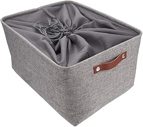 MANGATA Cestas de Almacenamiento Plegables, Caja de Almacenamiento de Tela de Lona Gruesa para la Colada del Armario del hogar, Mango de Cuero, tamaño Grande (Gris, con cordón) (Gris, Xlarge) 