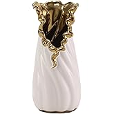 YUSHUIHOME Modern White and Gold Vase Home Decor Hydroponic Table Center Ceramic Vase Pendulum Flared Edge Home Decor Living Room Bedroom Wedding Party Office (White Gold Small)