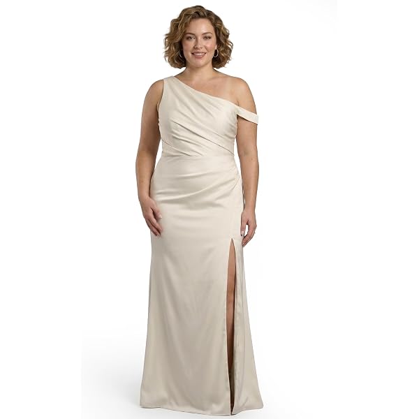 David's Bridal Asymmetrical Off Shoulder Satin Sheath Dress, Size 0, White
