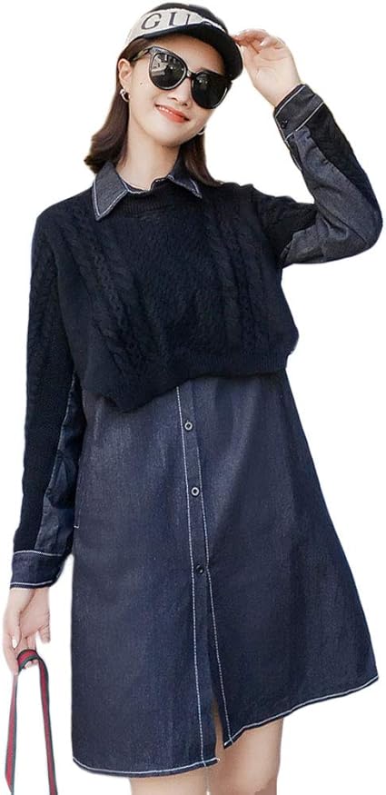 Amazon Co Jp Jocolate ジョコレート マタニティ デニム ワンピース スプライスニット 襟付き 膝丈 Aライン コットン 長袖 体形カバー カジュアル M 2xl レディース ベビー マタニティ