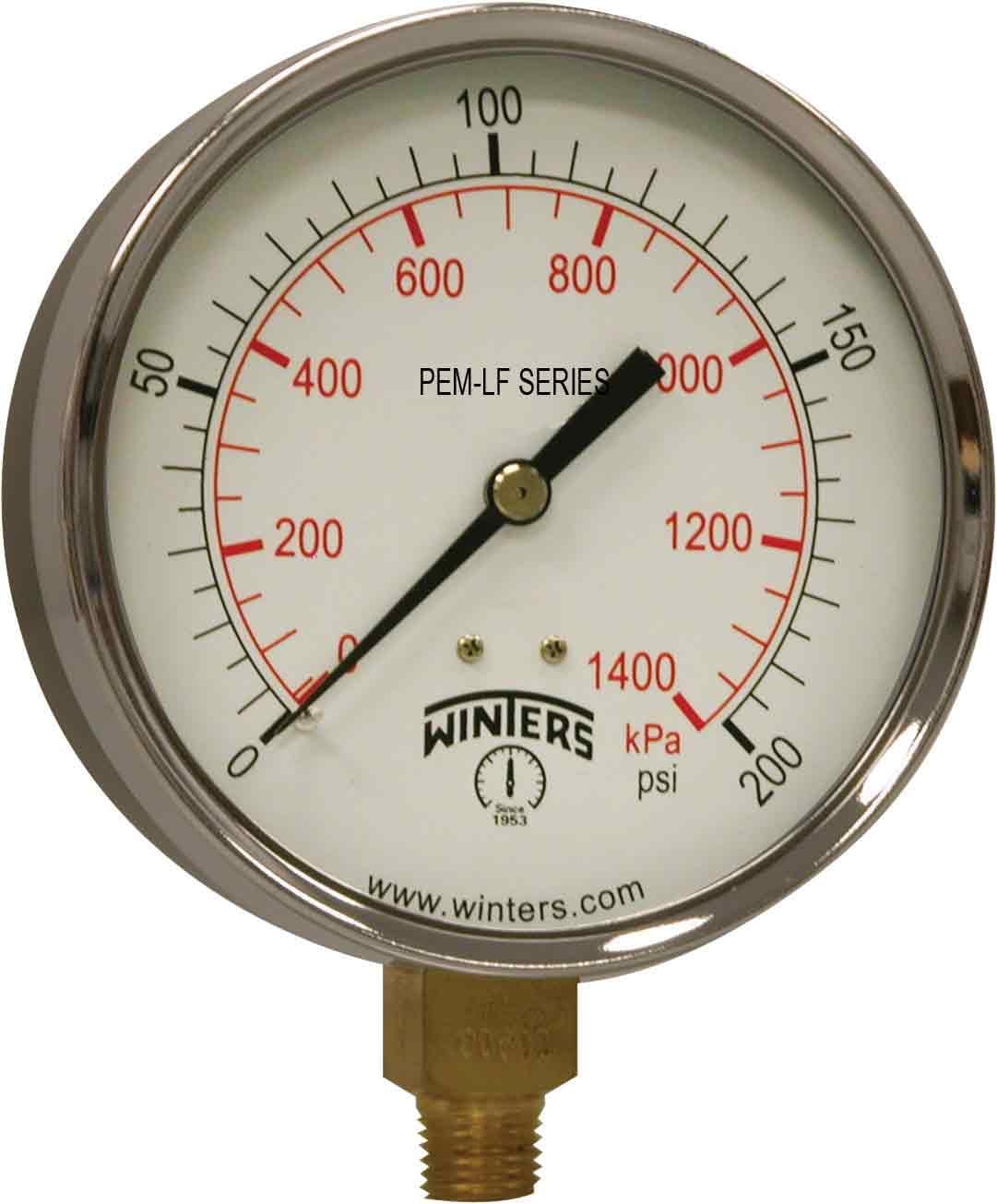 Winters PEM225LF PEM-LF Series Pressure Gauge, 4" Dial size, 1/4" NPT, 0/200 psi/kpa, ±3-2-3% accuracy