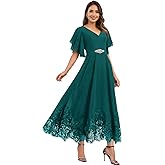 UUJJSO Tea Length Mother of Bride Dresses with Sleeves Chiffon V-Neck Lace Beaded Formal Evening Dresses for Women UU205