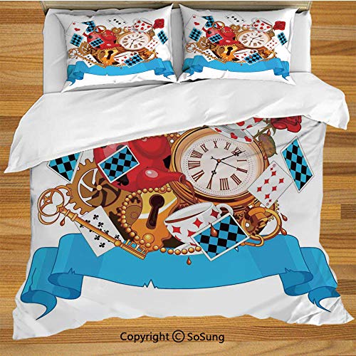 Alice in Wonderland Queen Size Bedding Duvet Cover Set,Mad Design of Cards Clocks Tea Pots Keys Flowers Fantasy World Illustration Decorative Decorative 3 Piece Bedding Set with 2 Pillow Shams,Multi - Thumbnail 2