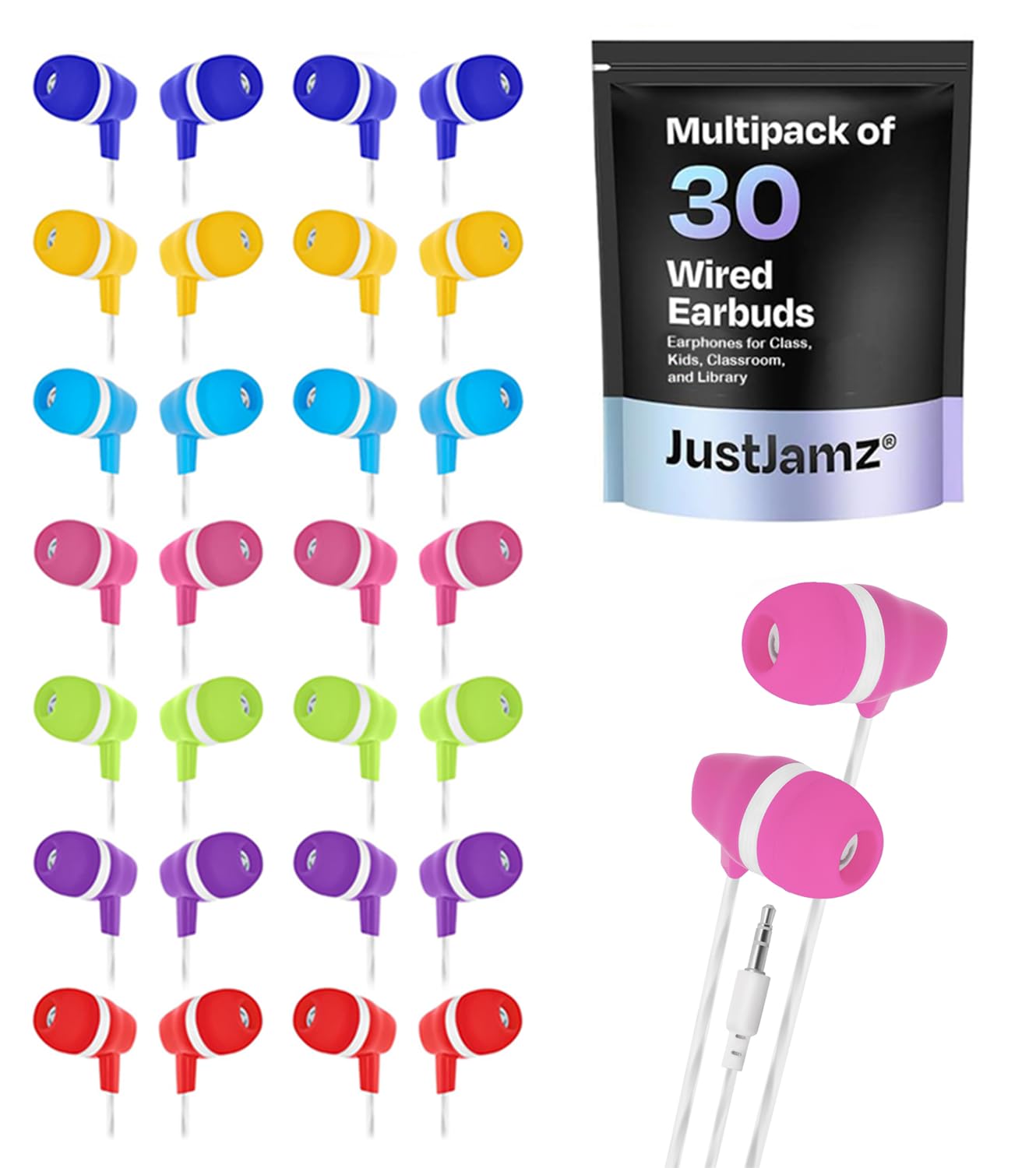 JustJamz Bulk Earbuds Bubbles 30 Pack of Colorful in-Ear Earbuds Mixed Colors Pack of Wired in-Ear Earphones Compatible with Smartphones for Schools, Kids, Classrooms & Libraries