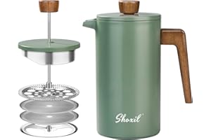 SHOXIL French Press Coffee Maker, 34oz Stainless Steel Green Coffee Press Real Wood Handle, Double Wall Insulated French Coffee Press with Dual-Filter Screen, Perfect for Camping & Kitchen Use