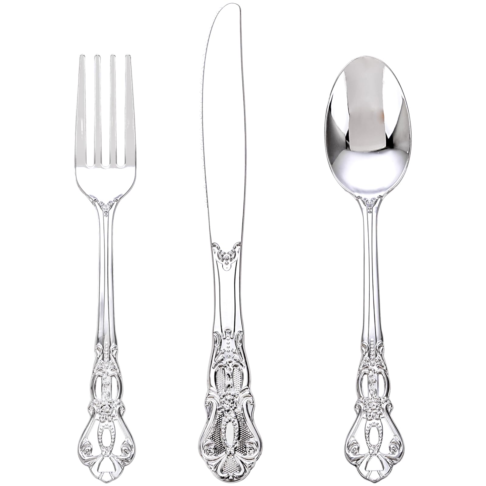 Photo 1 of Joyido 90PCS Silver Plastic Silverware - Heavy Duty Silver Disposable Cutley - Fancy Plastic Utensils Flatware Include 30 Forks, 30 Spoons, 30 Knives for Catering, Parties, Dinners, Weddings