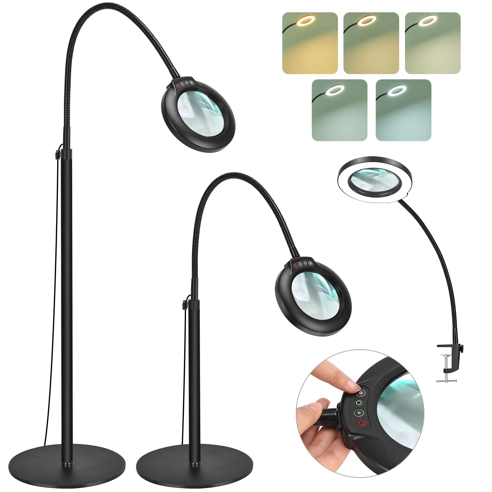 Photo 1 of Drdefi 10X Magnifying Floor Lamp with Light, 24" Flexible Gooseneck Standing Magnifying Glass, 3-in-1 LED 5 Color Modes Stepless Dimmable Lighted Magnifier Lamp Hands-Free for Close Work, Reading