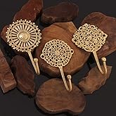 IndianShelf 3 Handmade Boho Brass Decorative Wall Hooks, Vintage Unique Gold Hooks for Hanging Keys, Towels, Bags, Coats- Shabby Chic Wall Mounted Coat Rack for Home Décor Entryway Bedroom Living Room