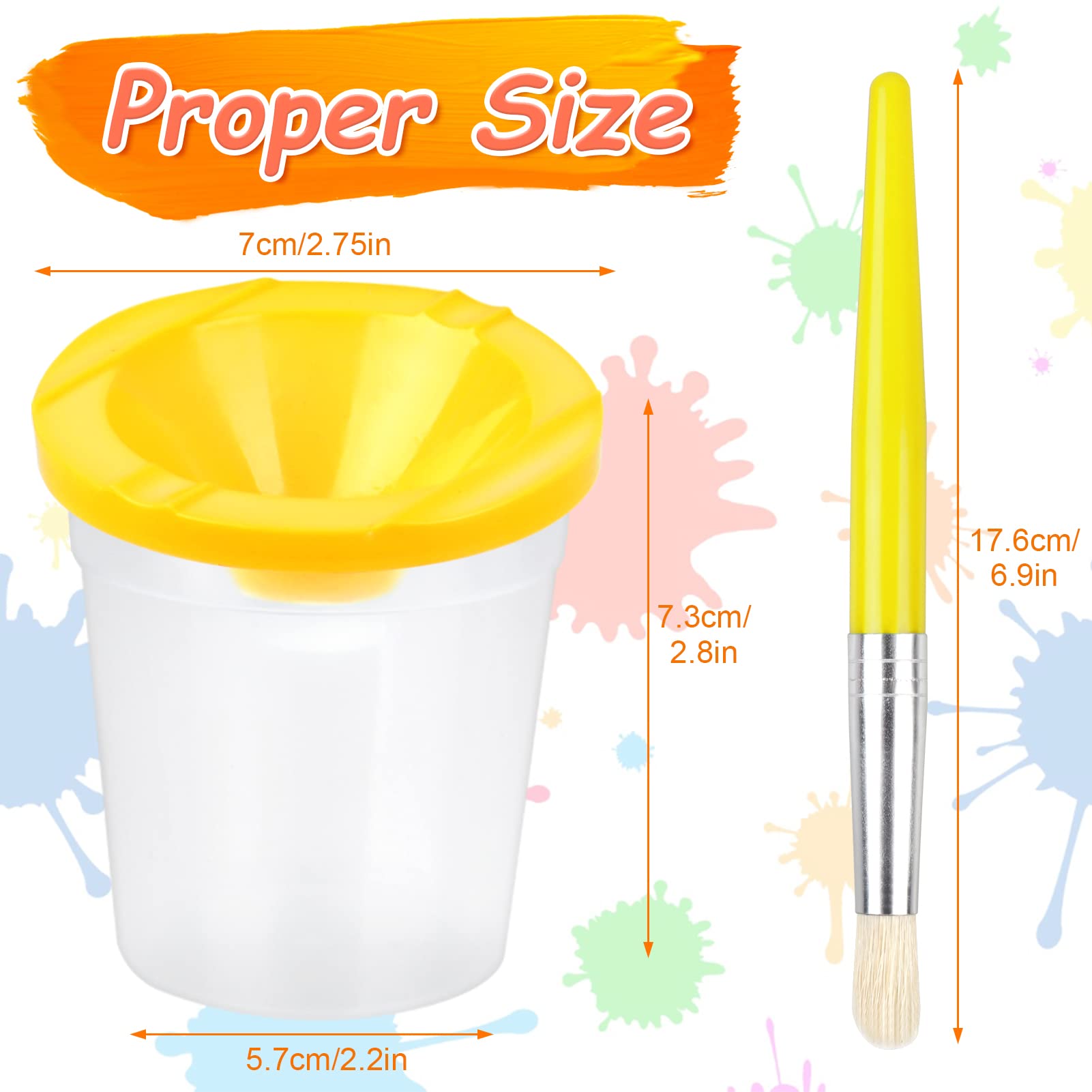 RNKP 4 Piece Children's No Spill Paint Cups with Colored Lids and 4 Piece Large Round Brush Set with Plastic Handles