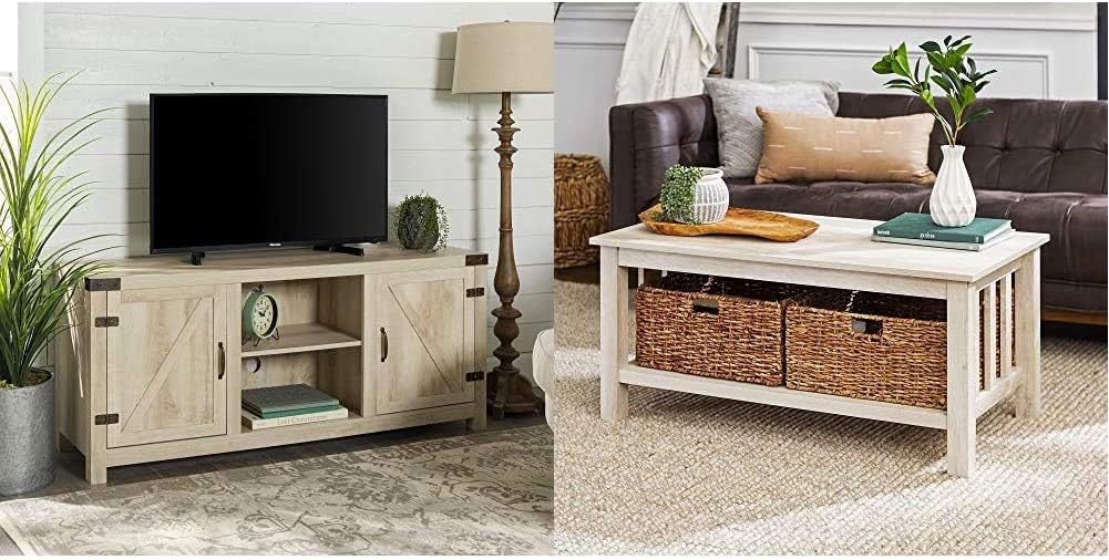 Walker Edison Furniture Company Farmhouse Barn Wood Universal Stand for TV's up to 64%22 Flat Screen Living Room Storage, 58 Inch & Coffee Accent Table Storage Baskets Living Room, 40 Inch, White Oak