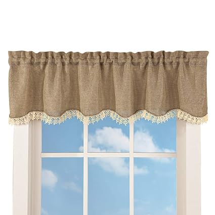 Rustic Burlap Lace Rod Pocket Window Valance Brown Amazon Co Uk