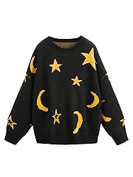 WDIRARA Women's Star Moon Print Long Sleeve Sweater