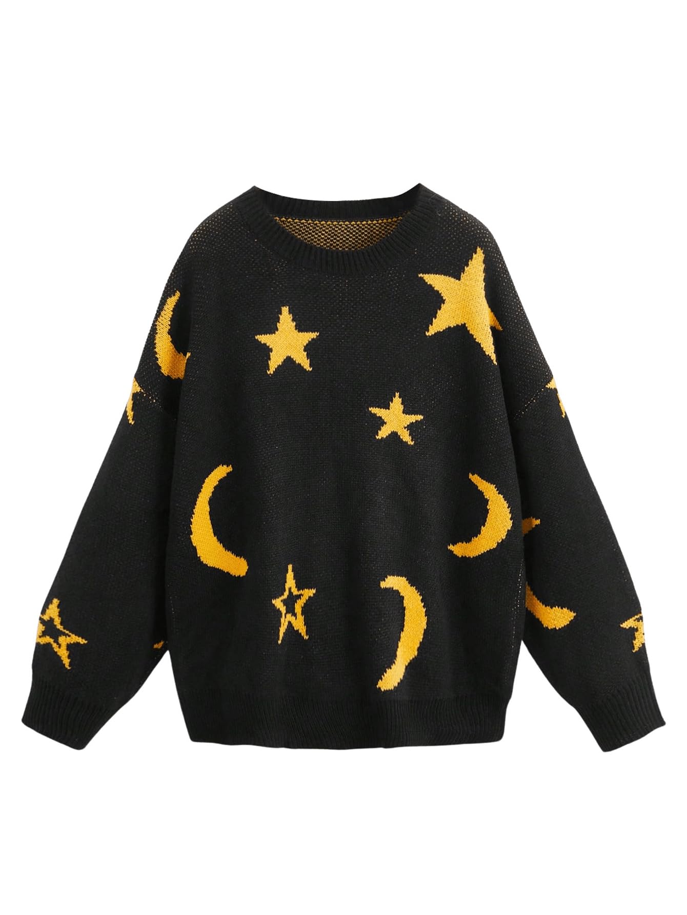 WDIRARA Women's Star Moon Print Long Sleeve Sweater